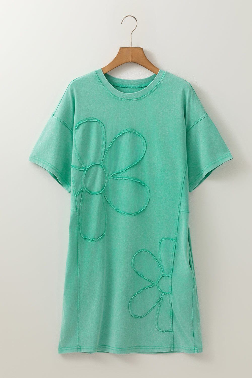 Mint Green Mineral Wash Flower Patchwork Mini T Shirt Dress-Bella Boutique Collective