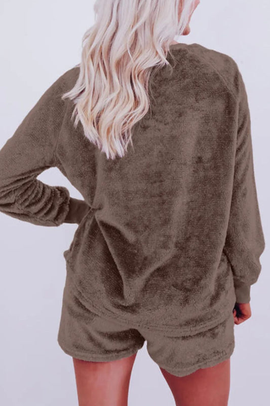 Round Neck Long Sleeve Top and Shorts Lounge Set-Bella Boutique Collective