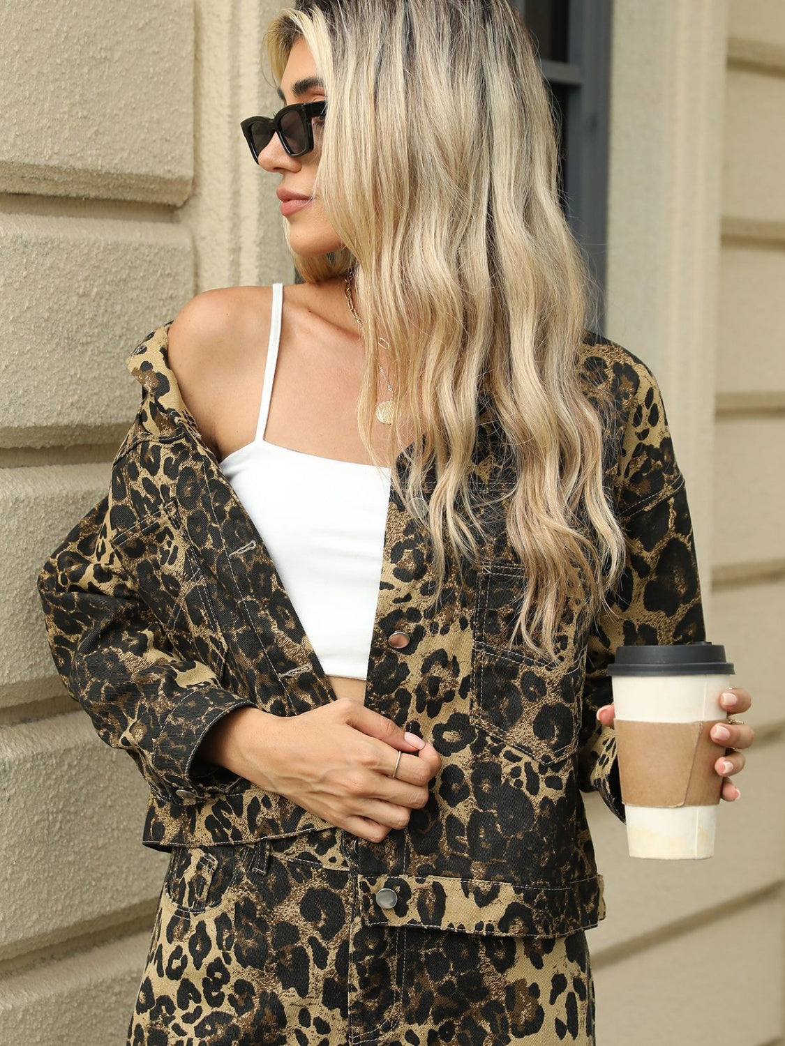 Pocketed Leopard Long Sleeve Denim Jacket-Bella Boutique Collective