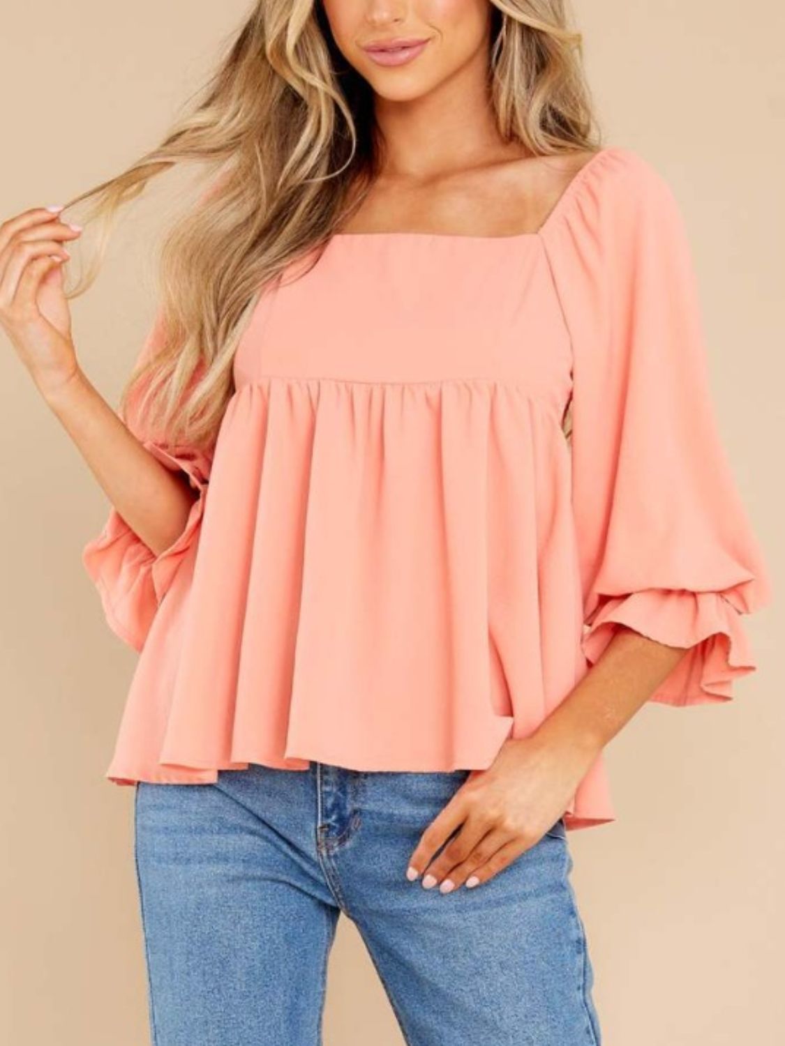 Smocked Square Neck Flounce Sleeve Blouse-Bella Boutique Collective