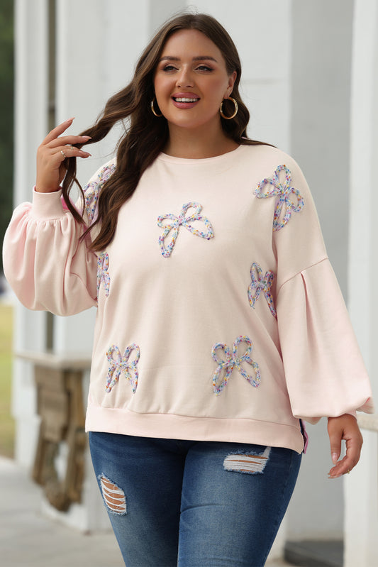 Parchment Embroidered Bow Lantern Sleeve Oversized Pullover Sweatshirt-Bella Boutique Collective