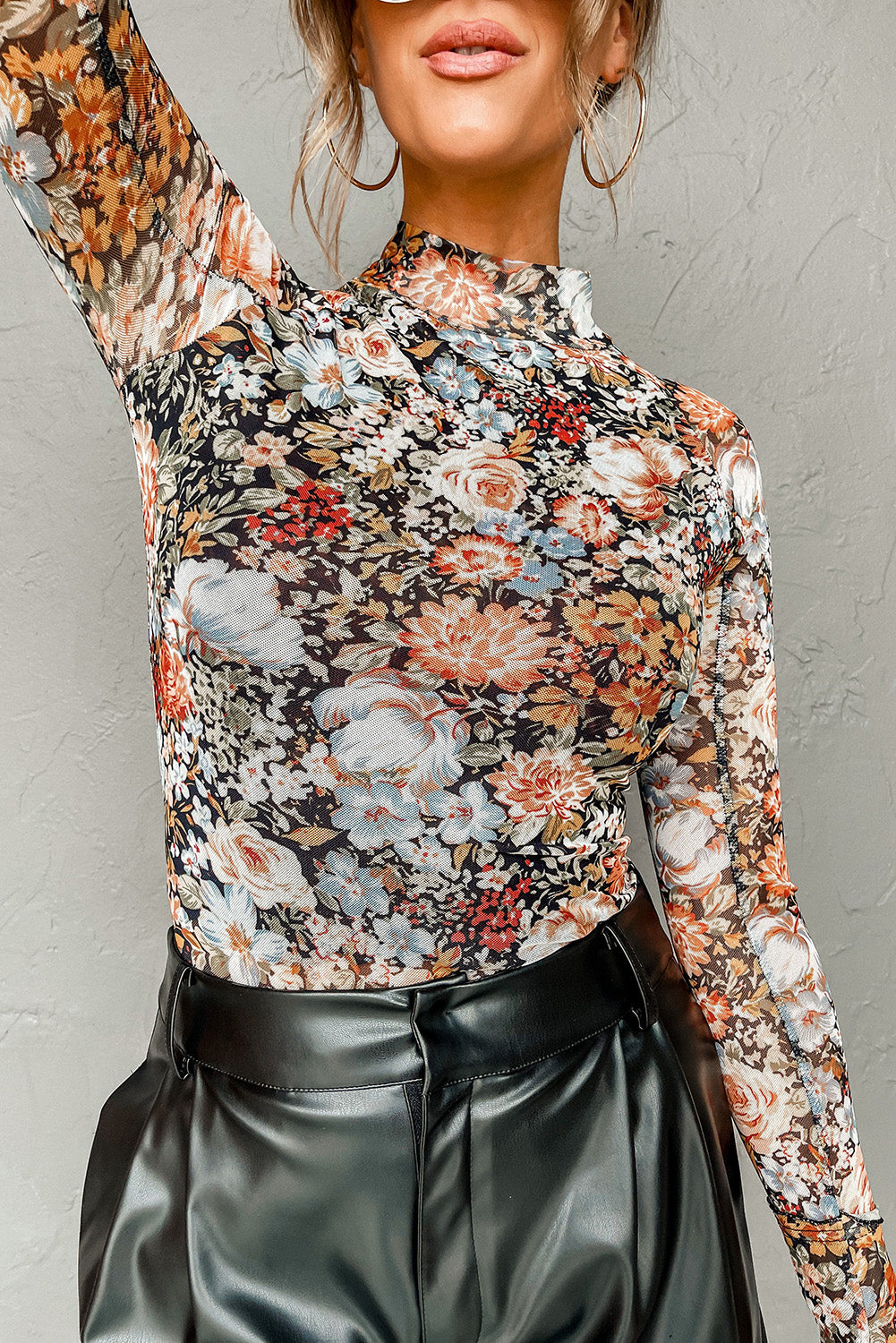 Brown Floral Long Sleeve High Neck Sheath Mesh Blouse-Bella Boutique Collective