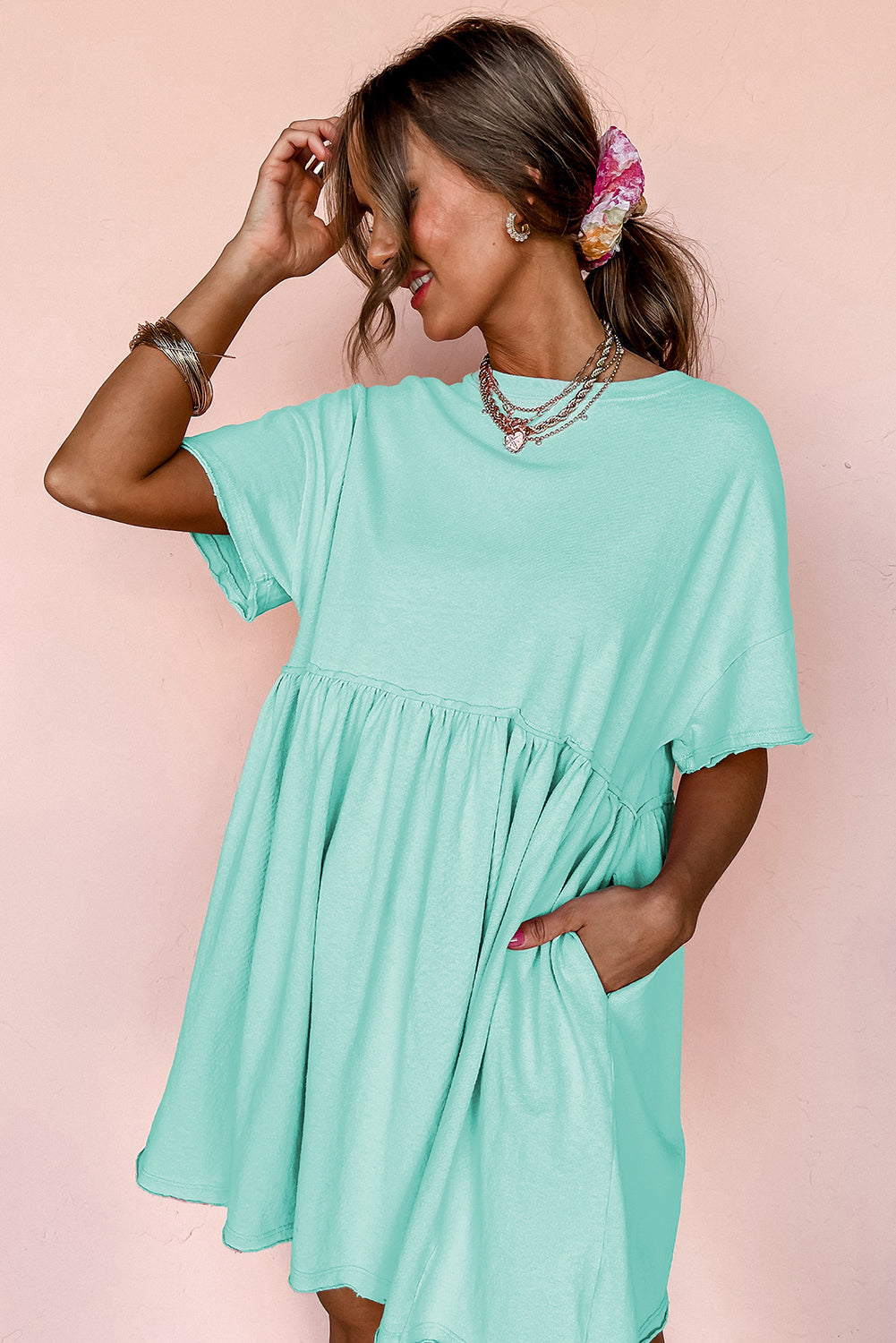 Moonlight Jade Solid Color Pocketed Raw Edge Babydoll Dress-Bella Boutique Collective