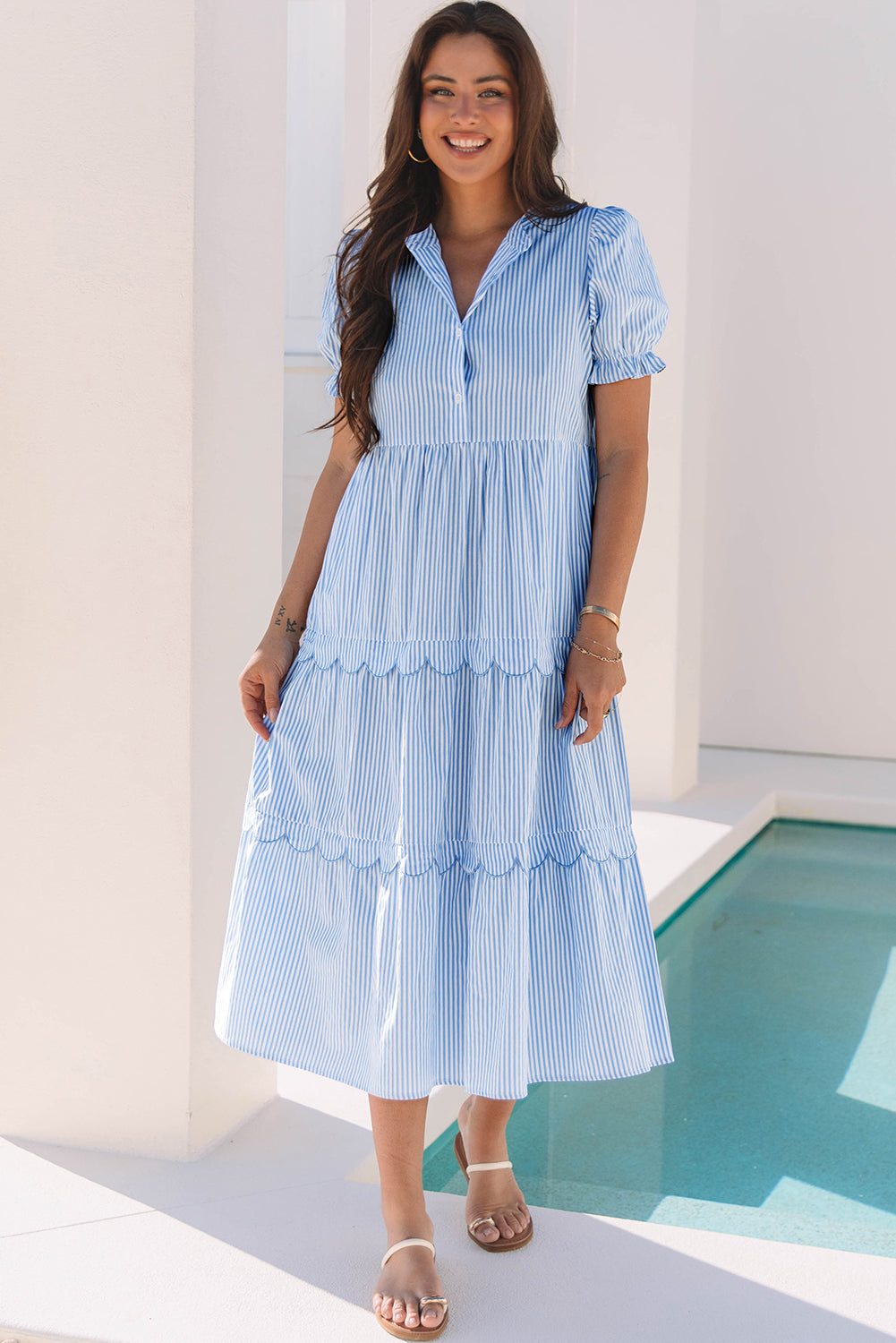 Sky Blue Stripe Bubble Short Sleeve Tiered Scallop Long Dress-Bella Boutique Collective