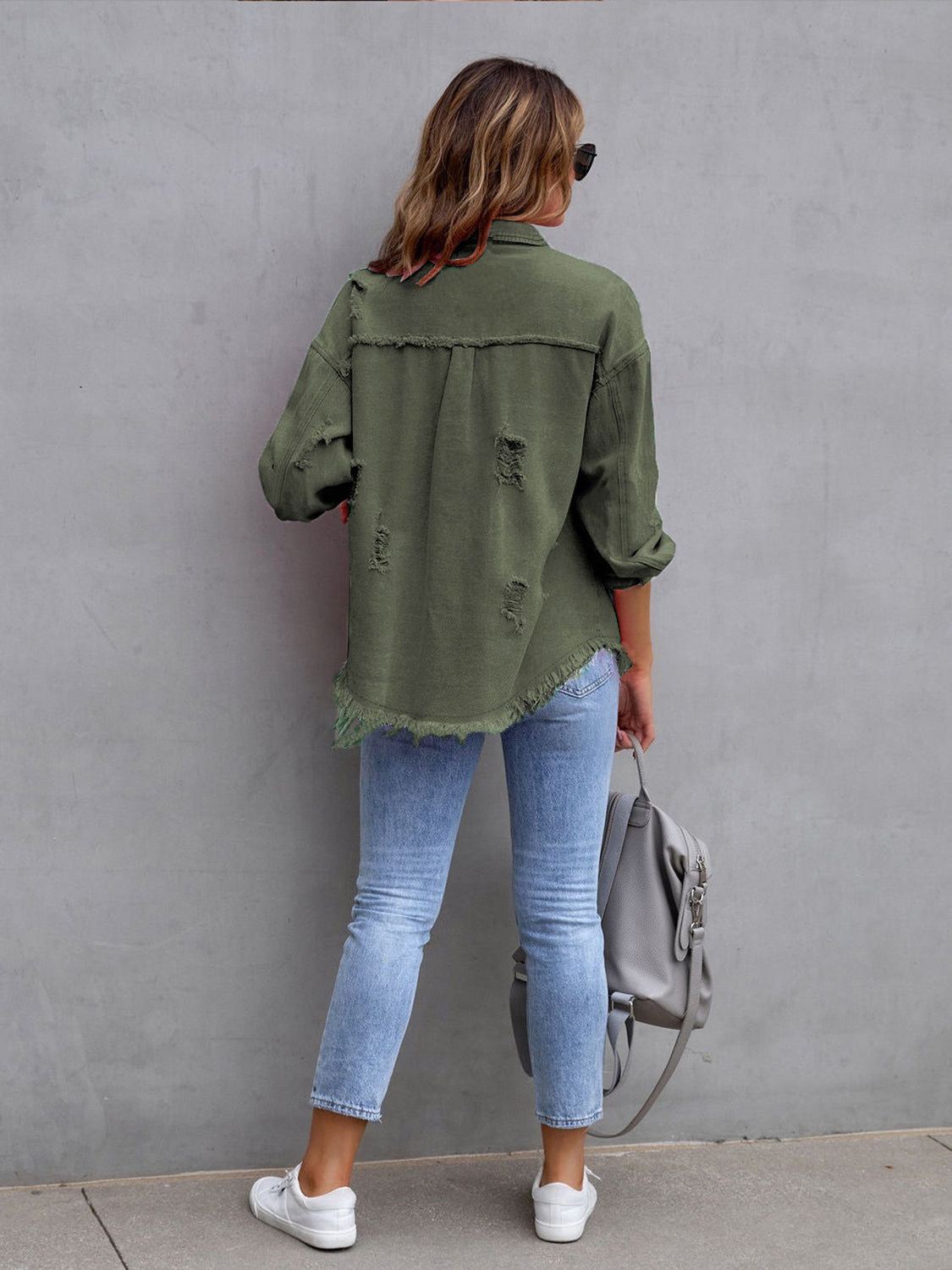 Distressed Drop Shoulder Denim Jacket-Bella Boutique Collective