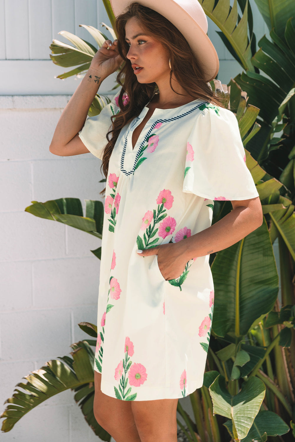 Apricot Floral Short Sleeve Split Neck Loose Mini Dress-Bella Boutique Collective
