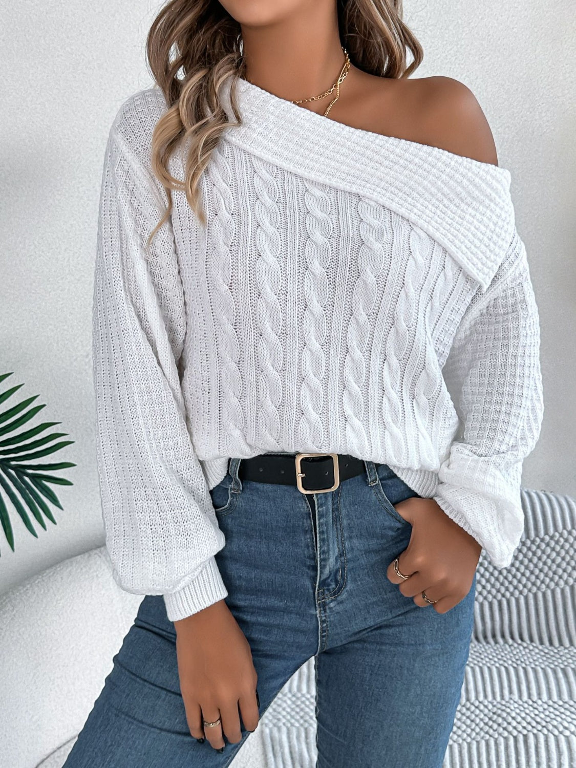 Cable-Knit One Shoulder Long Sleeve Sweater-Bella Boutique Collective