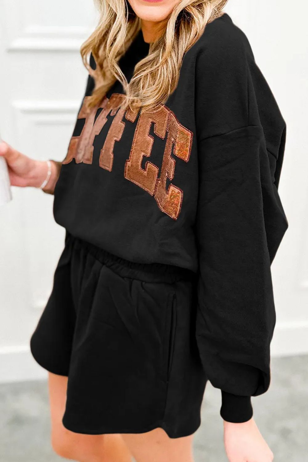 COFFEE Sequin Round Neck Long Sleeve Top and Shorts Set-Bella Boutique Collective