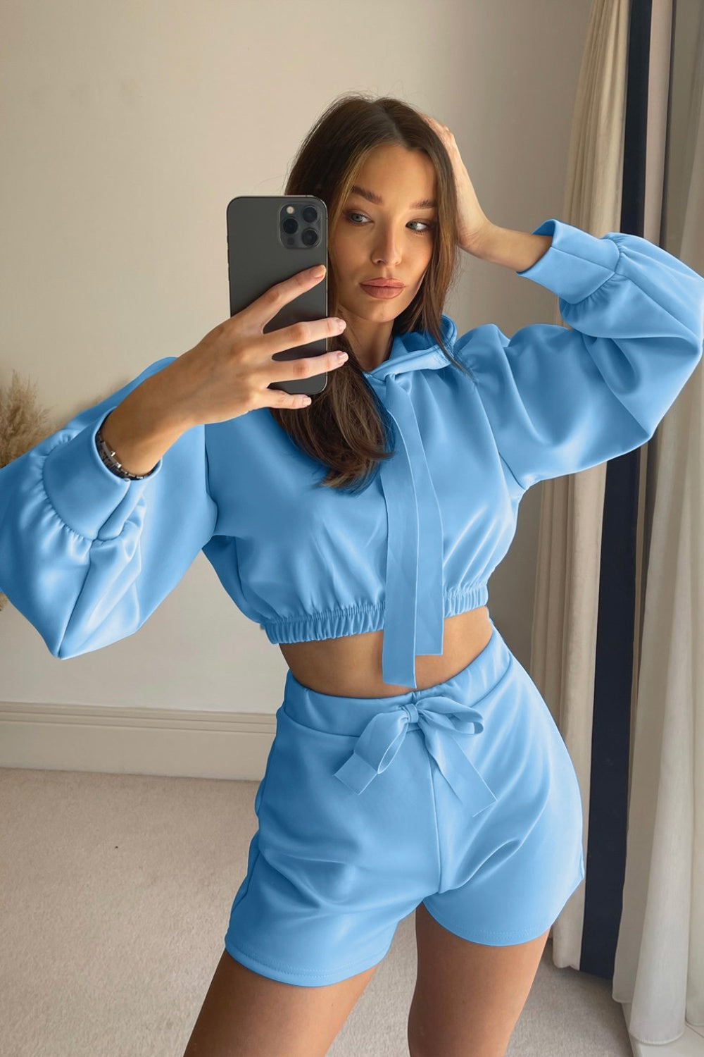 Drawstring Long Sleeve Hooded Top and Shorts Set-Bella Boutique Collective