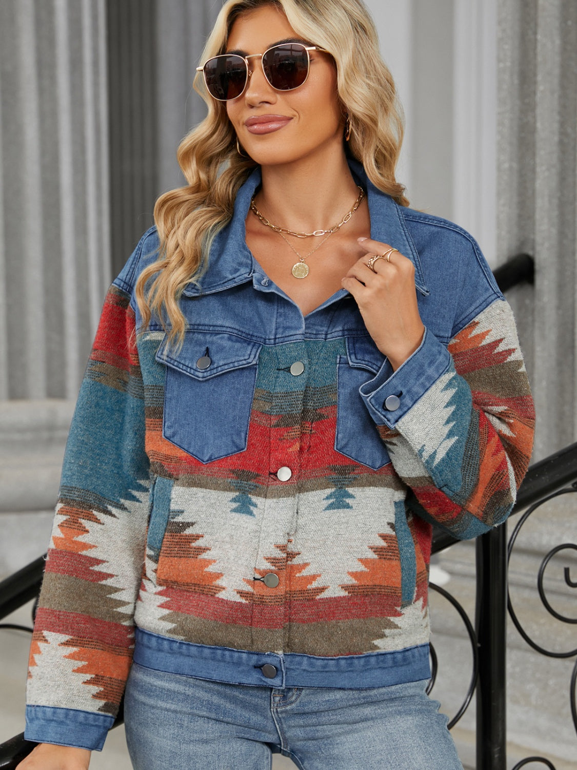 Geometric Button Up Long Sleeve Denim Jacket-Bella Boutique Collective
