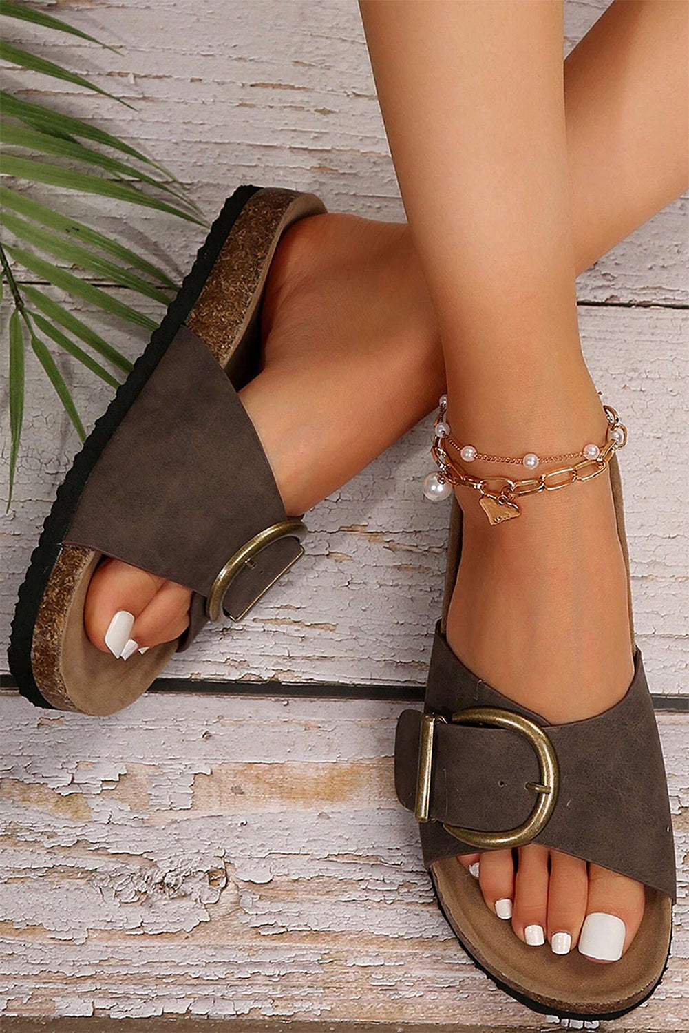Coffee Buckle Decor Faux Suede Thick Sole Slippers-Bella Boutique Collective