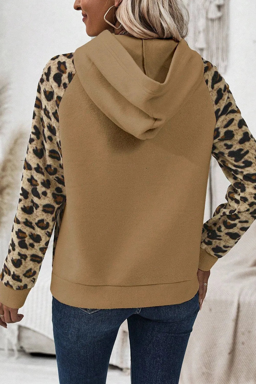 Leopard Half Button Long Sleeve Hoodie-Bella Boutique Collective