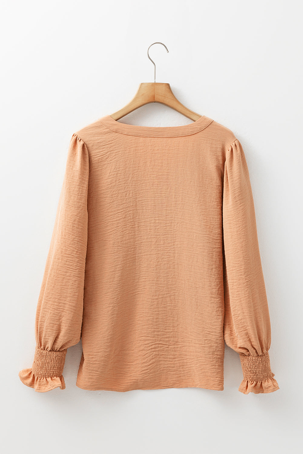 Straw Yellow Solid Color Shirred Cuff Notch V Neck Blouse-Bella Boutique Collective