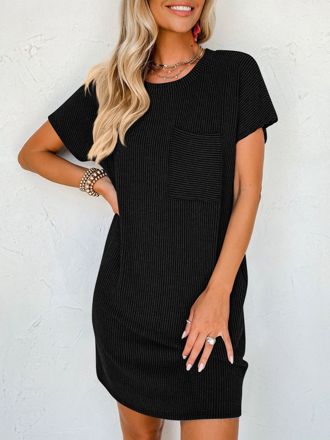 Lovelet Round Neck Short Sleeve Mini Dress-Bella Boutique Collective