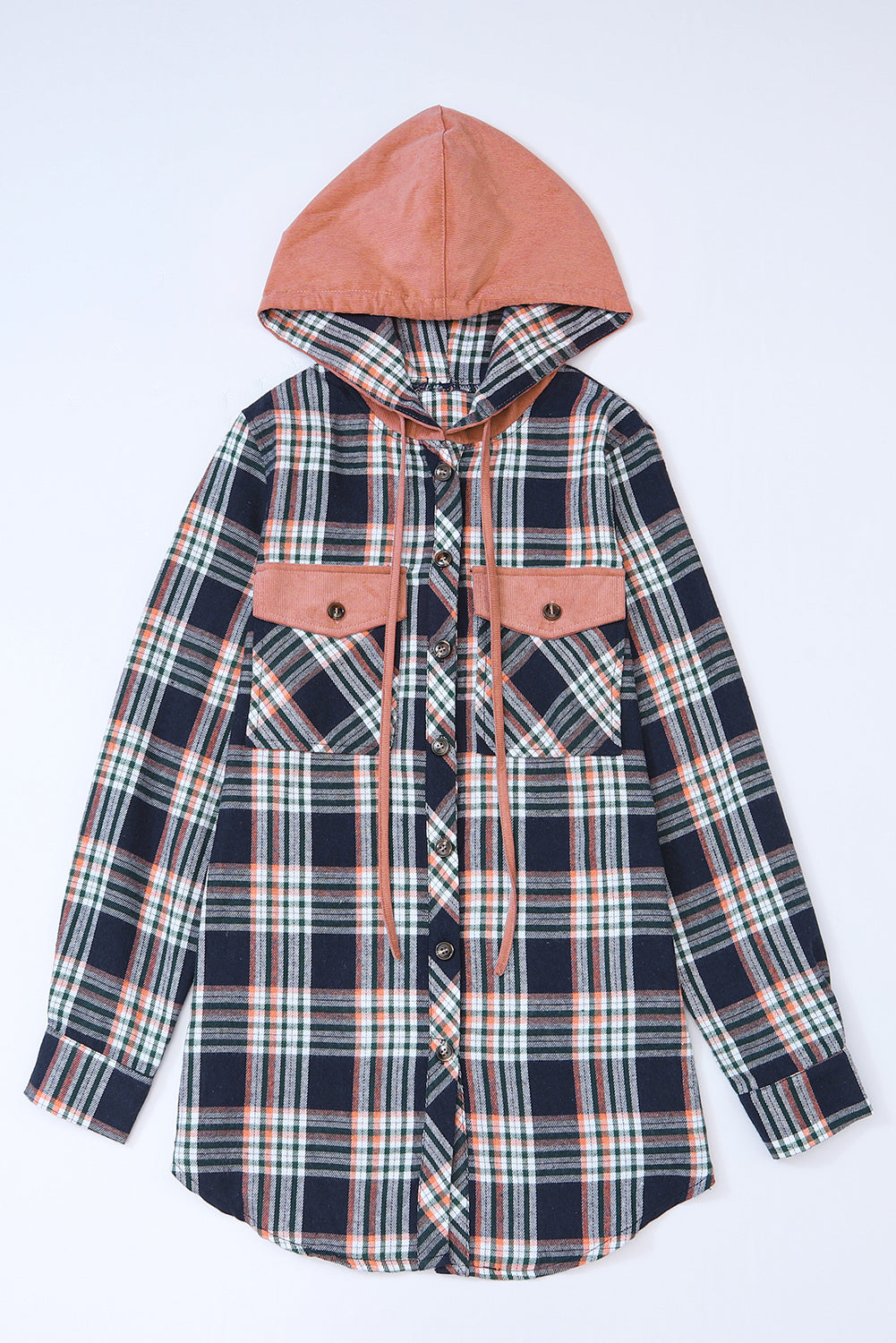 Pink Contrast Hooded Drawstring Plaid Shacket-Bella Boutique Collective