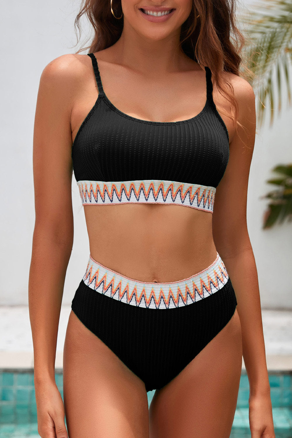 Black Textured Contrast Banding Bikini High Waist 2pcs Swimsuit-Bella Boutique Collective