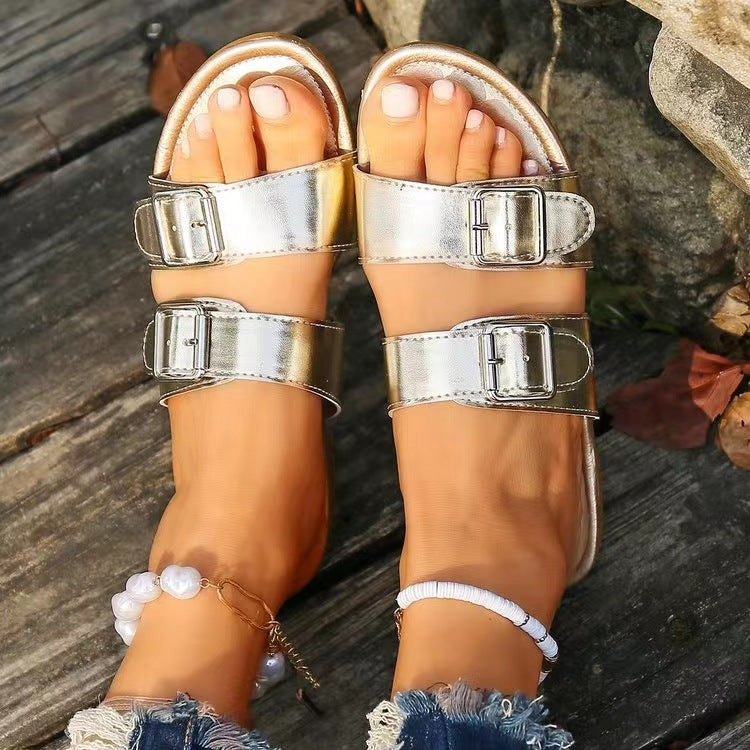 Open Toe Double Buckle Sandals-Bella Boutique Collective