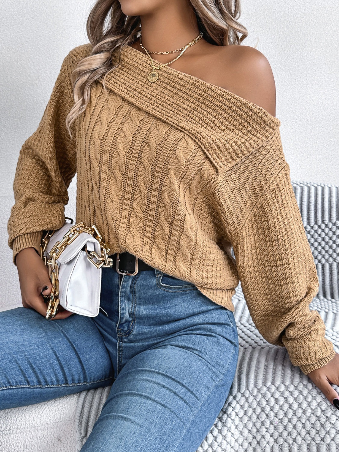 Cable-Knit One Shoulder Long Sleeve Sweater-Bella Boutique Collective