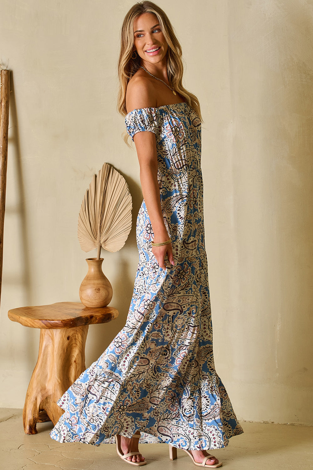 Blue Boho Paisley Print Off Shoulder Maxi Dress-Bella Boutique Collective