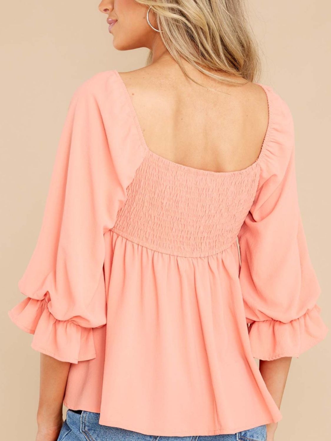 Smocked Square Neck Flounce Sleeve Blouse-Bella Boutique Collective