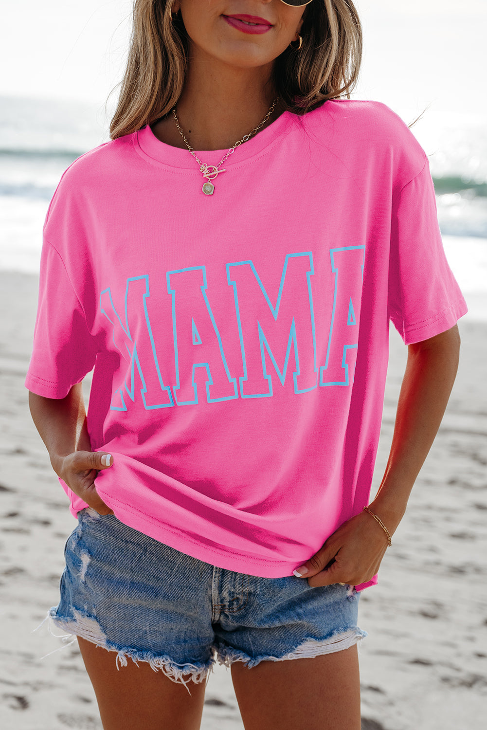 Bright Pink MAMA Letter Graphic Neon T Shirt-Bella Boutique Collective