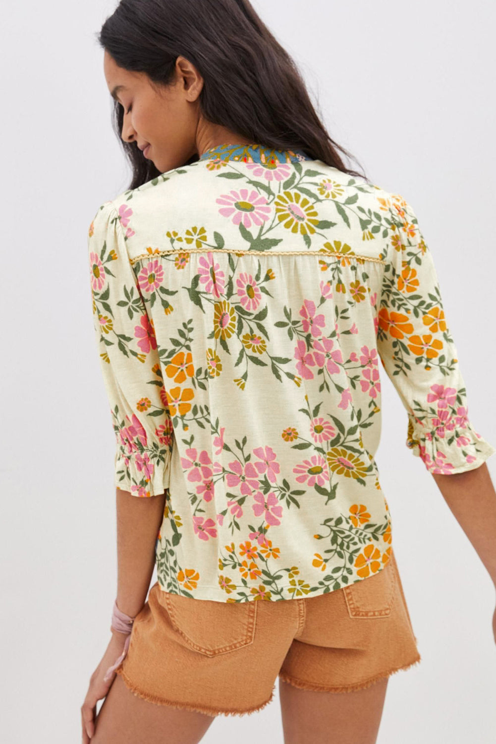 Multicolour Crochet V Neck Half Sleeve Boho Floral Blouse-Bella Boutique Collective