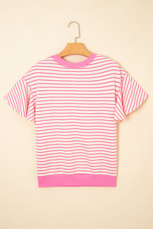 Sachet Pink Contrast Detail Striped Ruffle Short Sleeve Top-Bella Boutique Collective