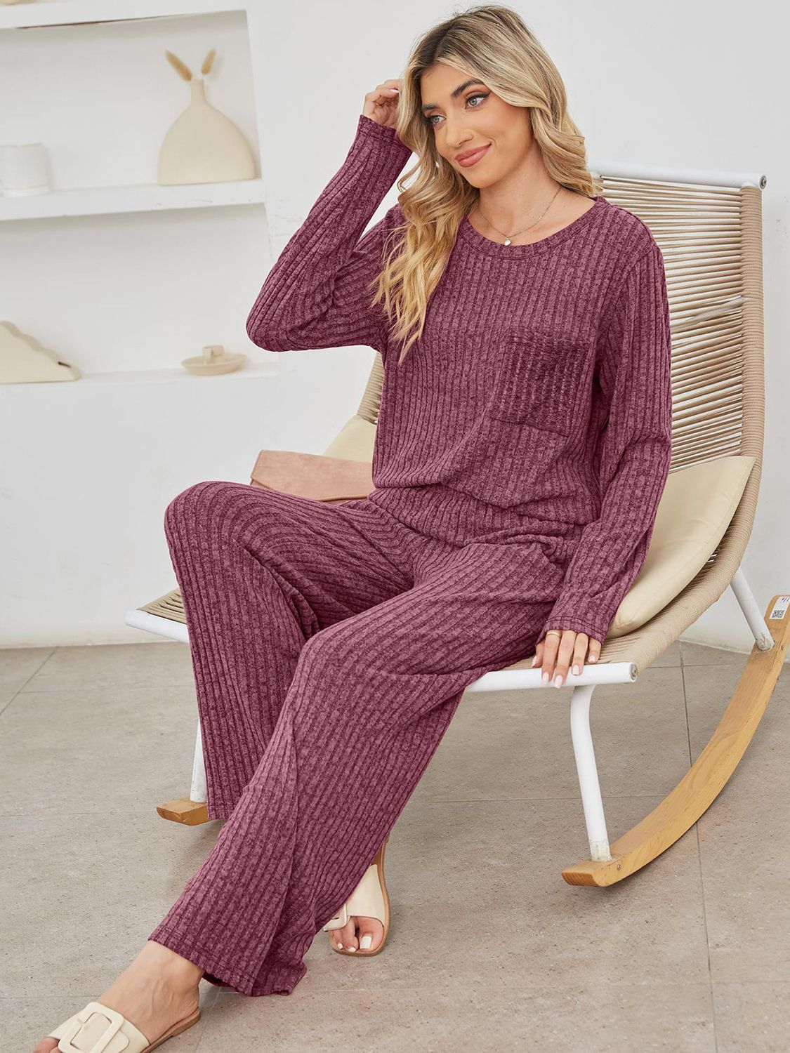 Round Neck Long Sleeve Top and Pants Set-Bella Boutique Collective
