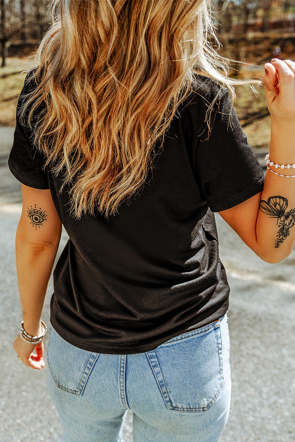 Black Rhinestone Western Pattern Cotton Blend Graphic T Shirt-Bella Boutique Collective