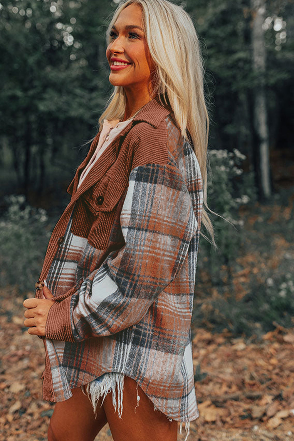 Cinnamon Plaid Corduroy Patchwork Chest Pocket Shacket-Bella Boutique Collective