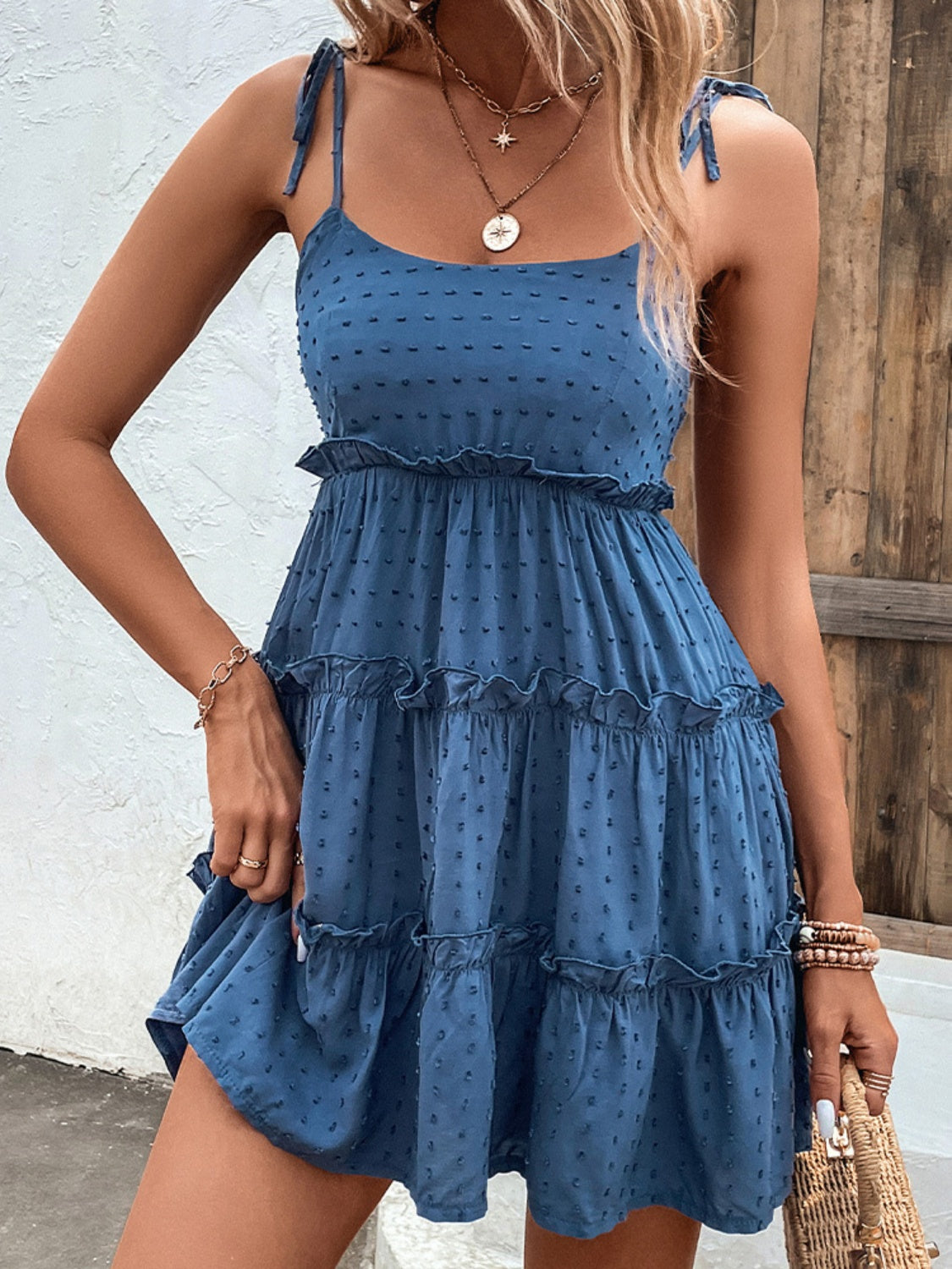 Shiny Frill Spaghetti Strap Tiered Dress-Bella Boutique Collective