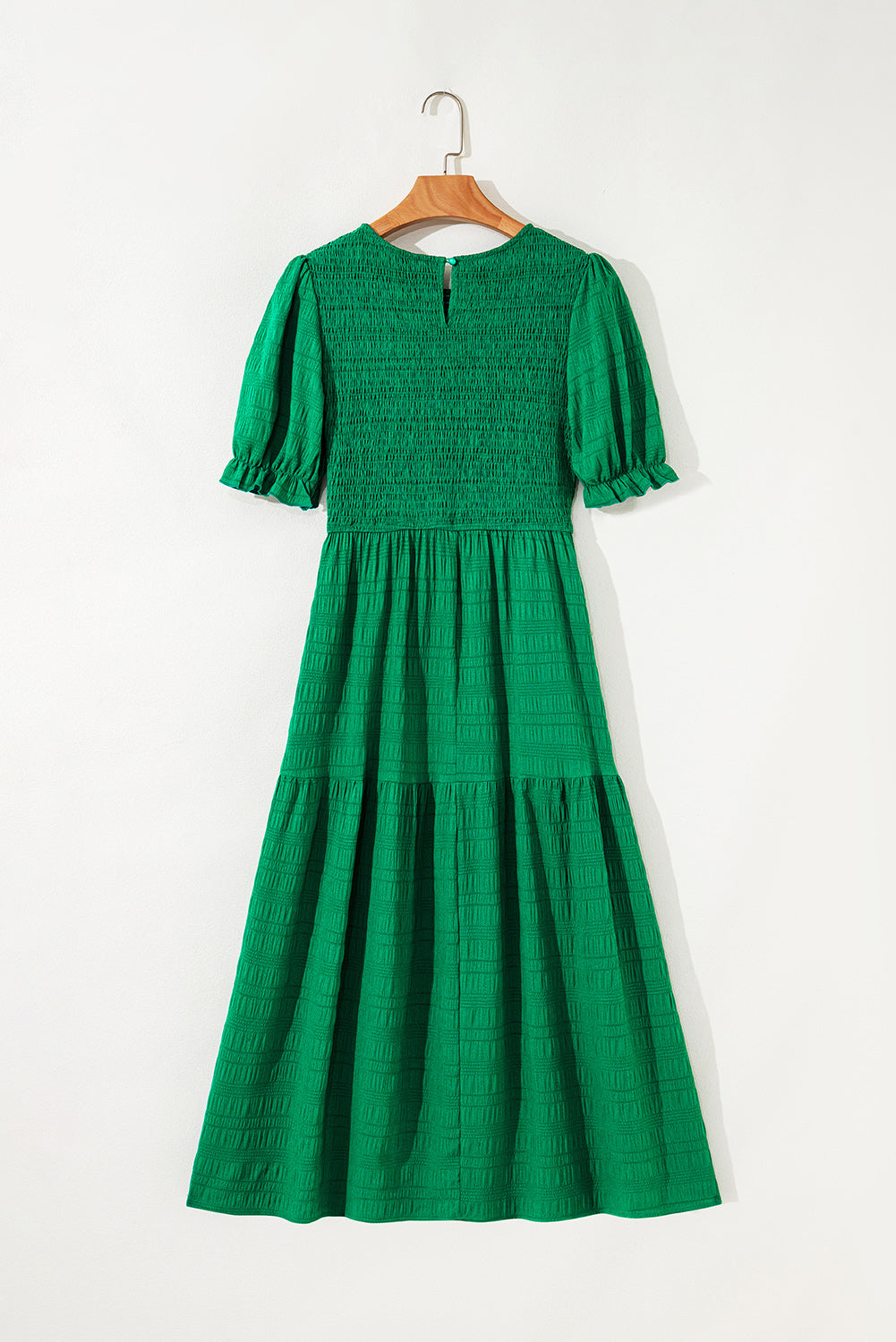 Dark Green Solid Textured Smocked Puff Short Sleeve High Waist Long Dress-Bella Boutique Collective