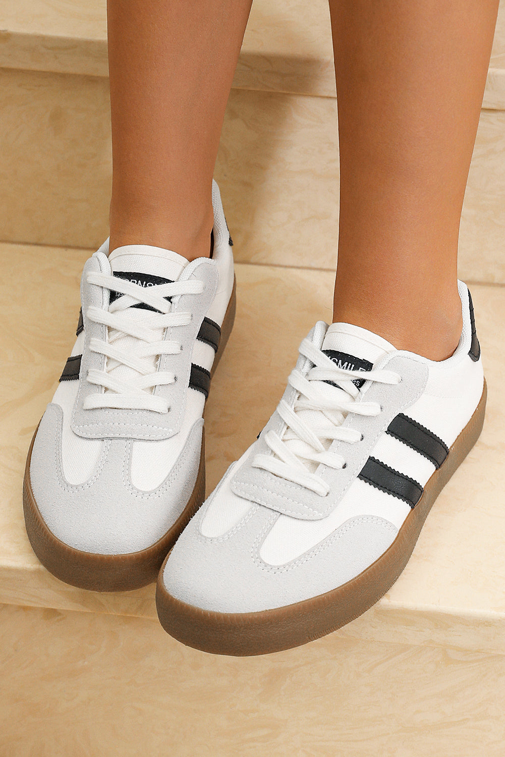 White Striped Lace-up Flat Sneakers-Bella Boutique Collective
