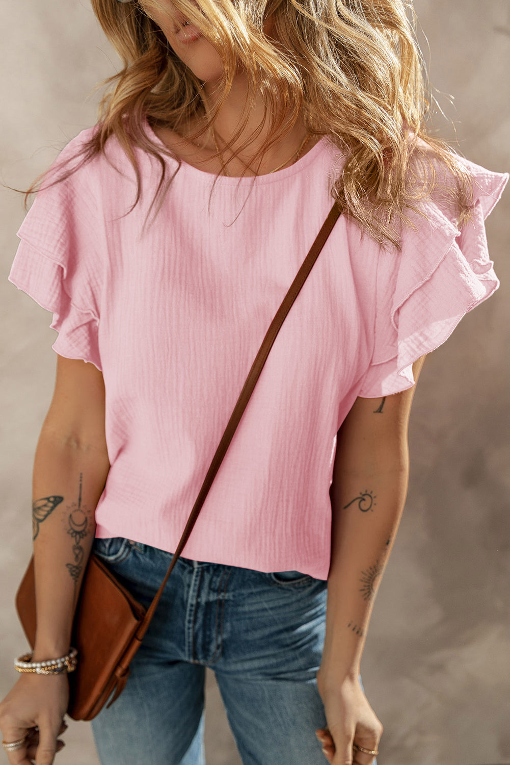 Light Pink Crinkled Cotton Gauze Ruffle Sleeve Blouse-Bella Boutique Collective