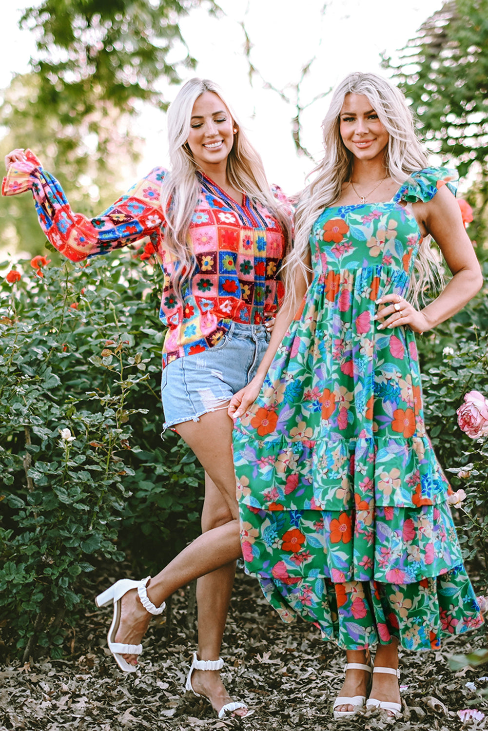 Green Floral Print Sleeveless Ruffle Tiered Maxi Dress-Bella Boutique Collective