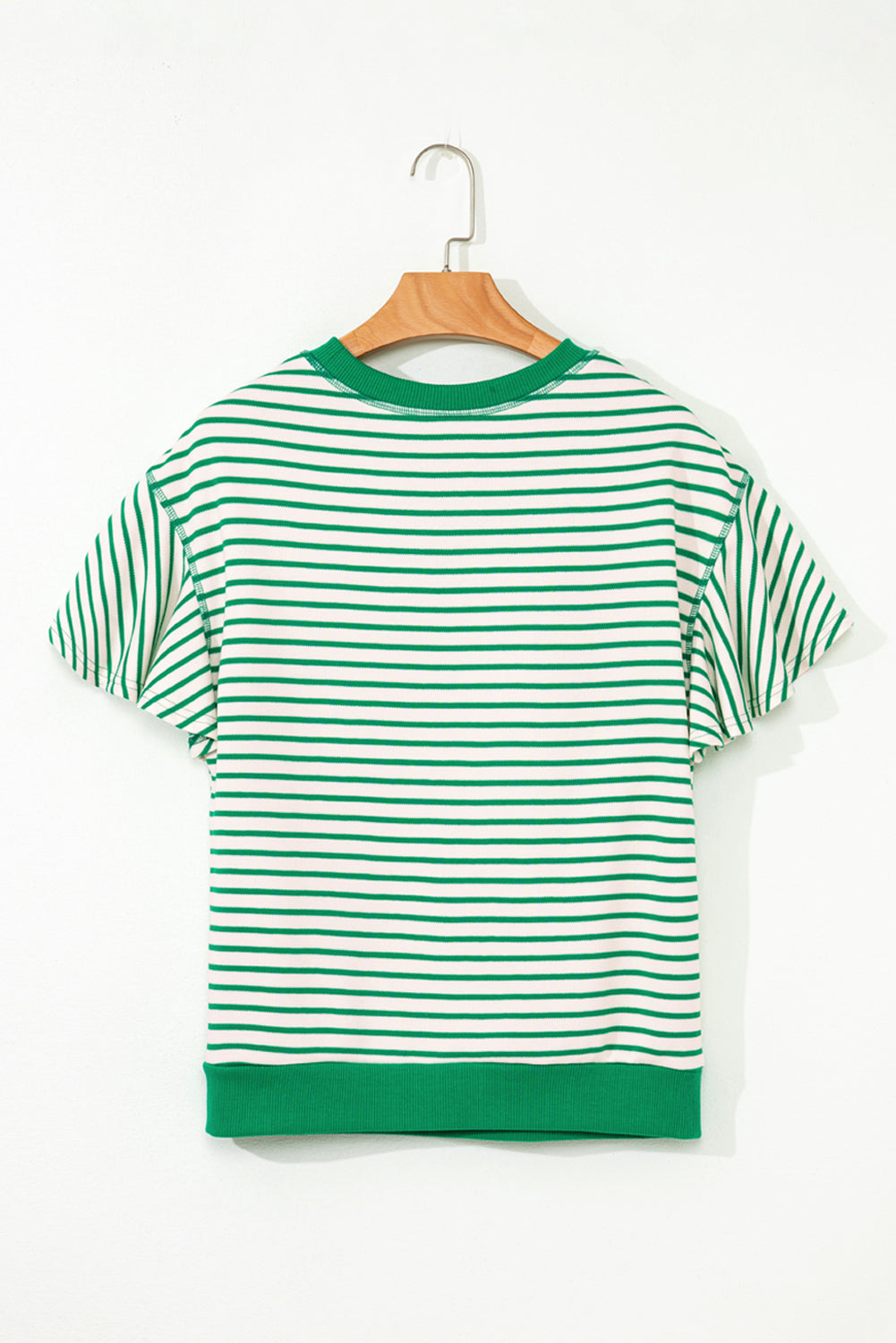 Bright Green Contrast Detail Striped Ruffle Short Sleeve Top-Bella Boutique Collective