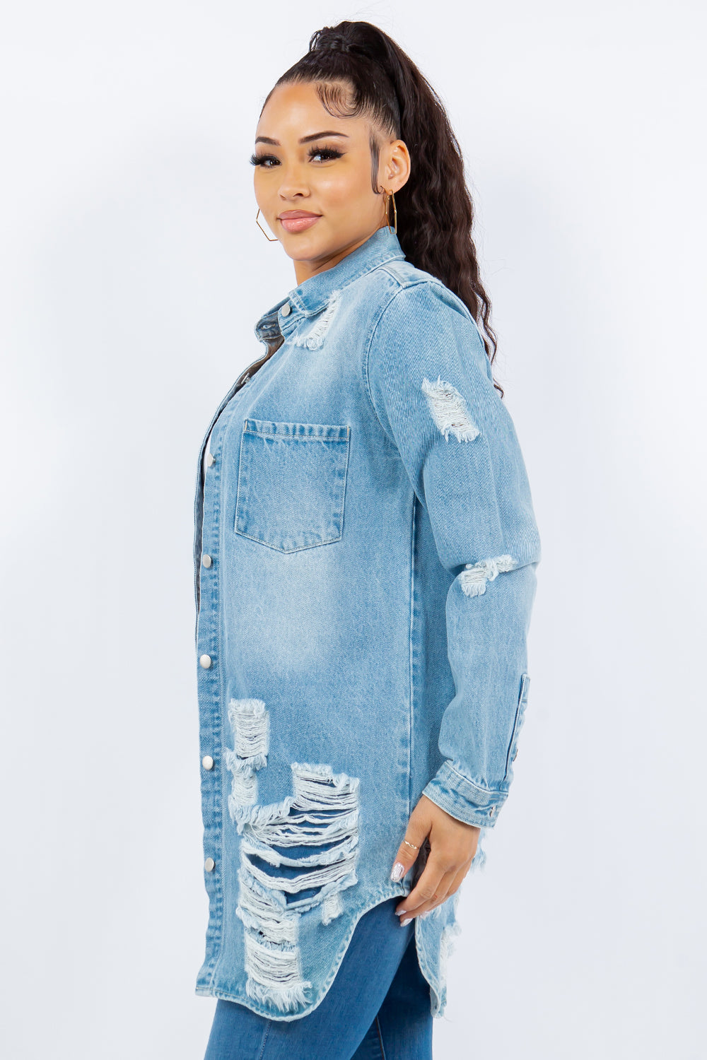 American Bazi Distressed Button Up Long Sleeve Denim Jacket-Bella Boutique Collective