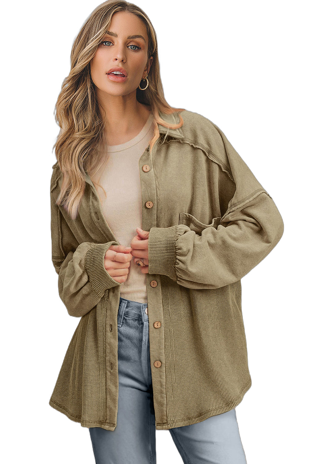 Moss Green Waffle Knit Patchwork Buttoned Oversized Shacket-Bella Boutique Collective