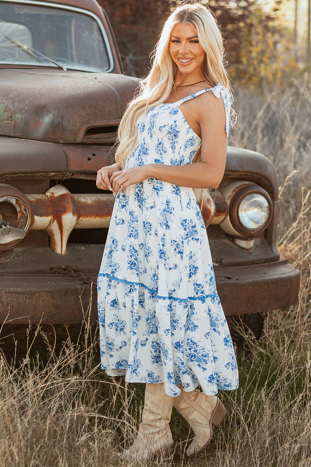Sky Blue Floral Print Shirred Knot Shoulder Sleeveless Long Dress-Bella Boutique Collective