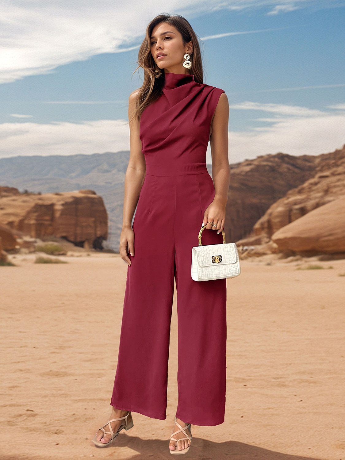 Perfee Ruched Mock Neck Sleeveless Jumpsuit-Bella Boutique Collective