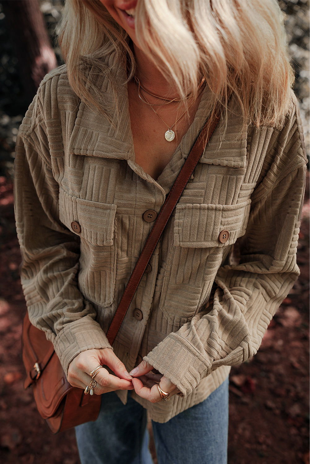 Dark Khaki Textured Chest Pocket Button-up Shacket-Bella Boutique Collective