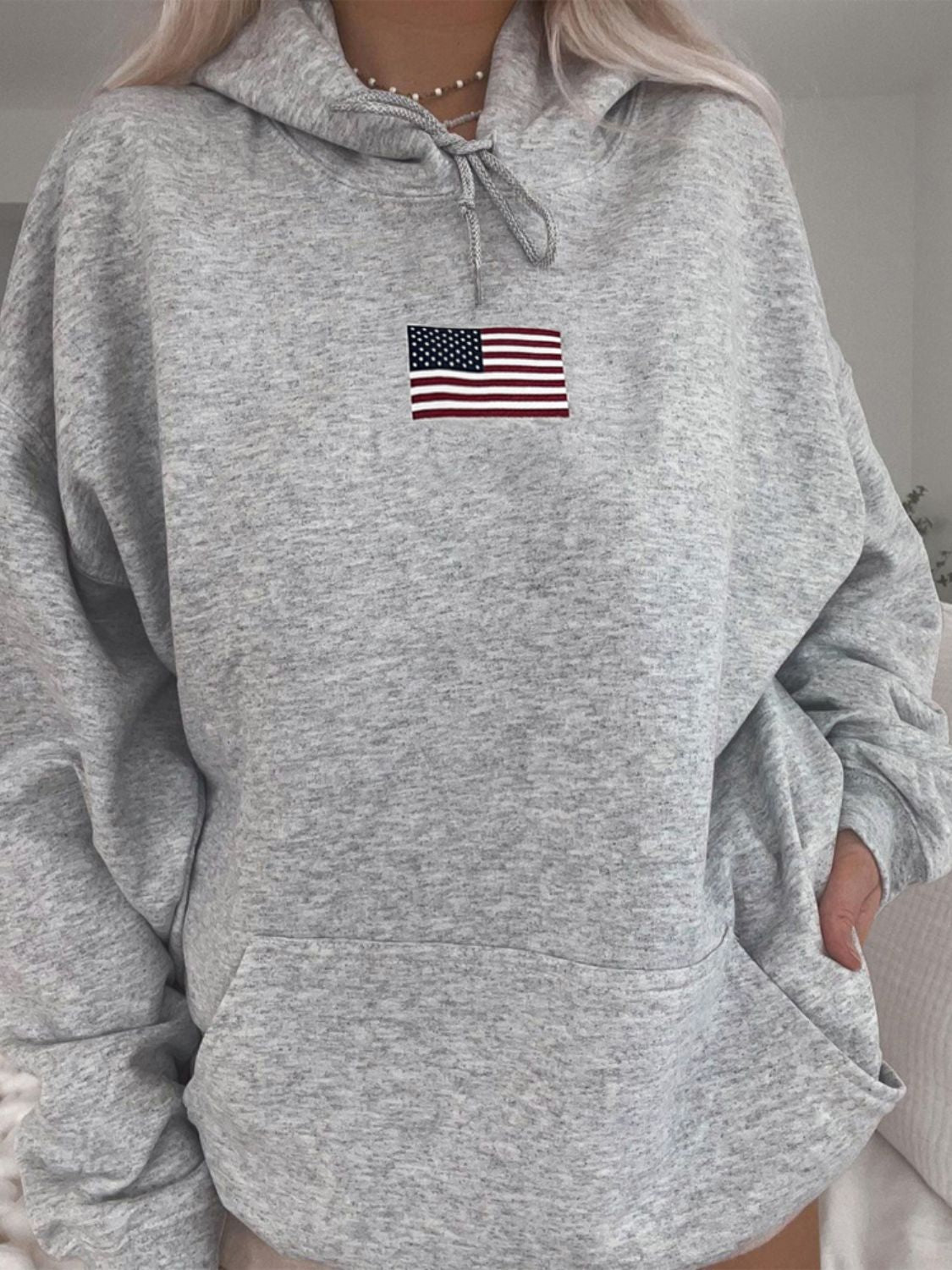 Devine Drawstring US Flag Long Sleeve Hoodie-Bella Boutique Collective