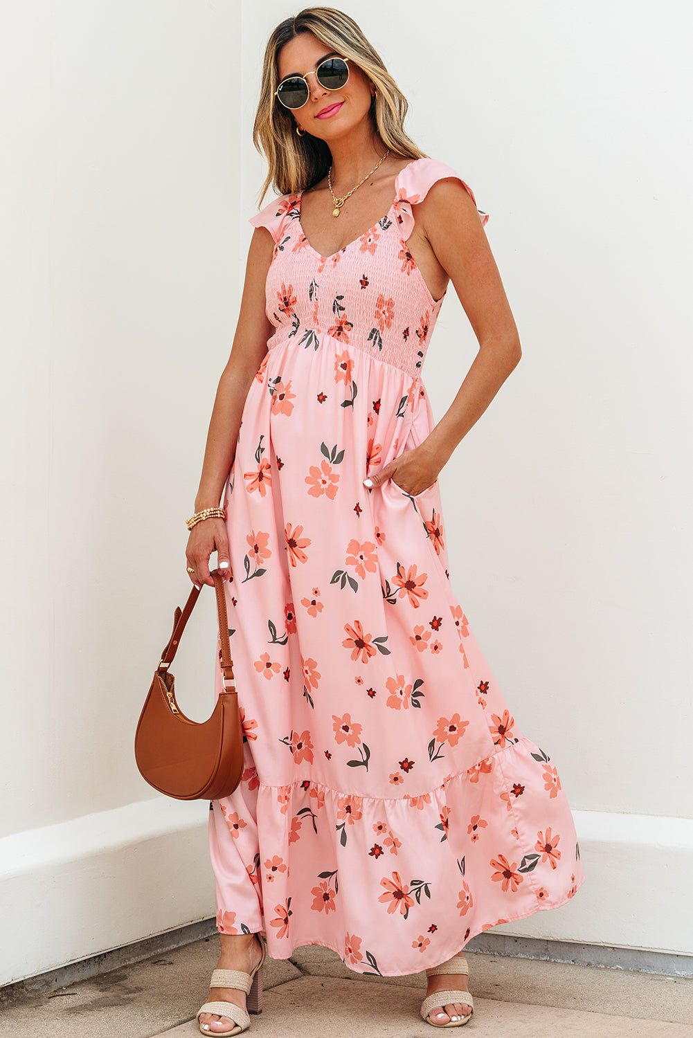 Pink Floral V Neck Smocked High Waist Ruffle Hem Long Dress-Bella Boutique Collective