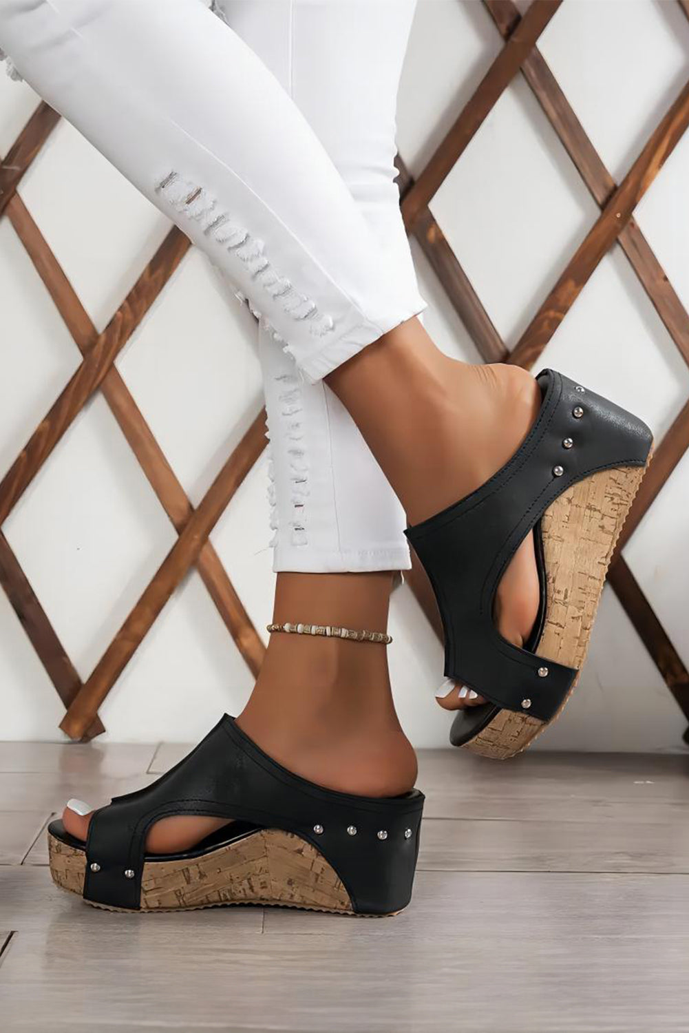 Black Hollow Out Studded PU Leather Wedge Slippers-Bella Boutique Collective