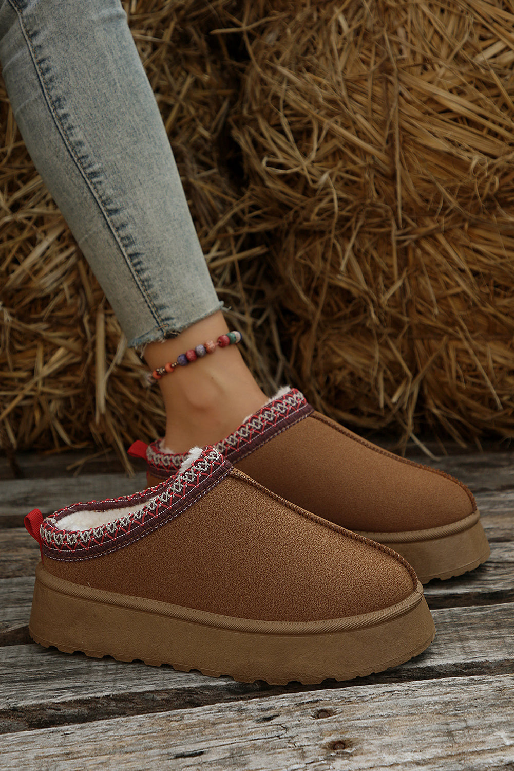 Chestnut Contrast Print Suede Plush Lined Snow Boots-Bella Boutique Collective