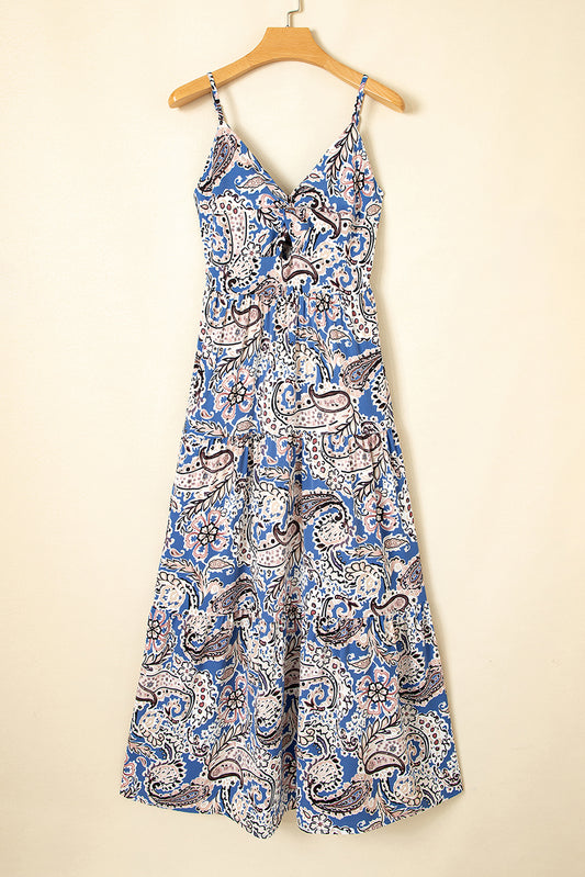 Blue Paisley Print Twist Detail Smocked Back Spaghetti Straps Long Dress-Bella Boutique Collective
