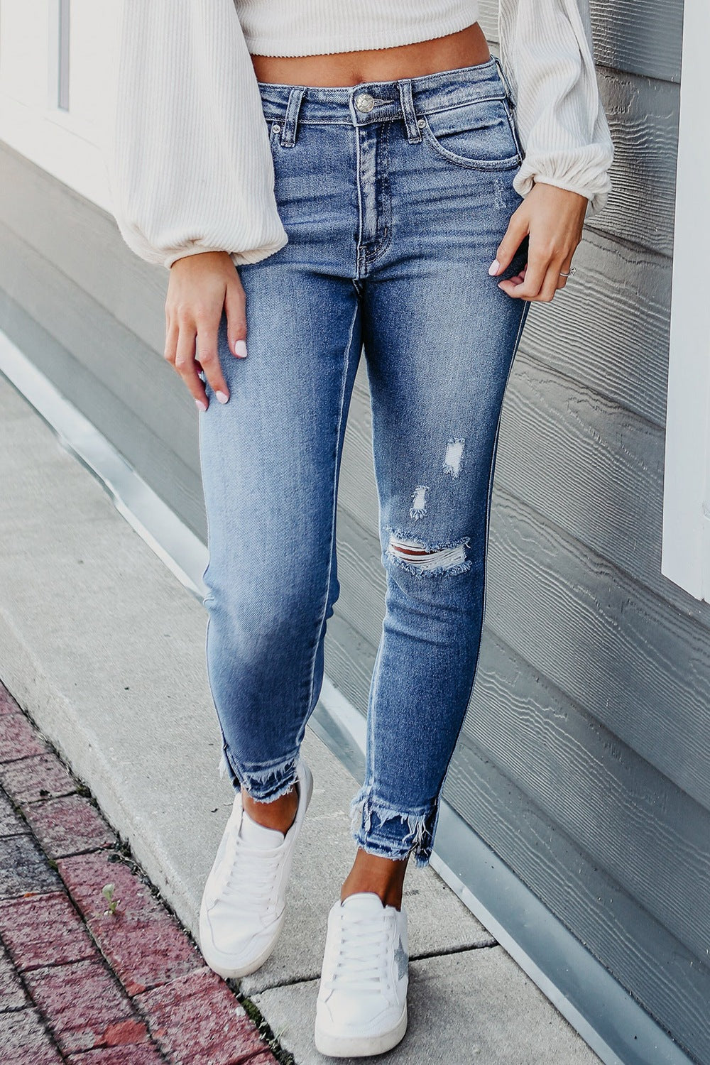 Raw Hem Distressed Jeans with Pockets-Bella Boutique Collective