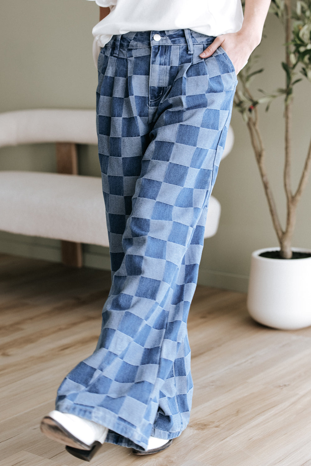 Dusk Blue Checkered Denim Wide Leg Jeans-Bella Boutique Collective