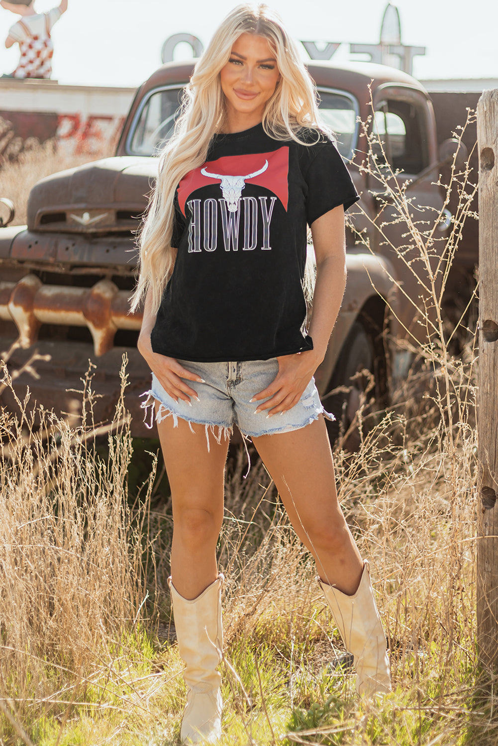Black Western HOWDY Steer Head Print Side Slits Loose Fit T Shirt-Bella Boutique Collective