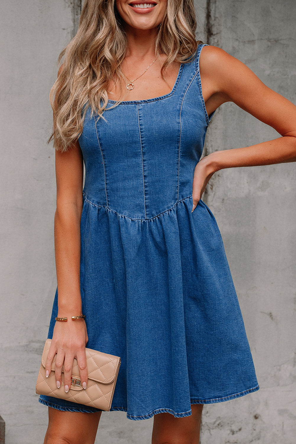 Sail Blue Square Neck Bowknot A-line Sleeveless Denim Dress-Bella Boutique Collective